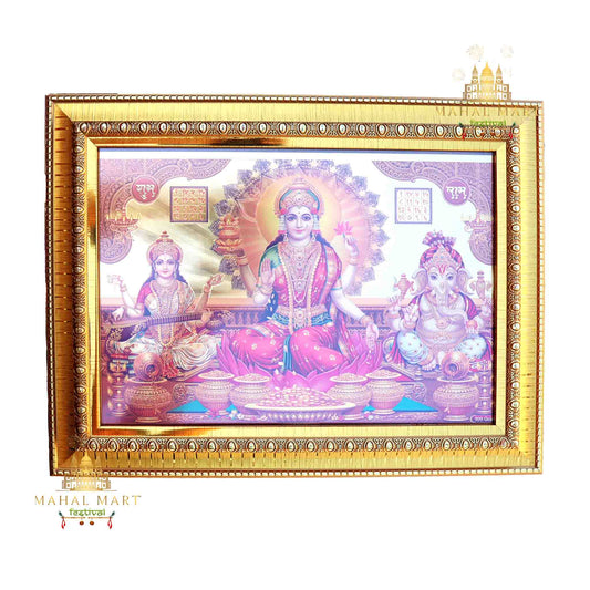 Laxmi, Ganesh and Saraswoti Golden Photo Frame - Large